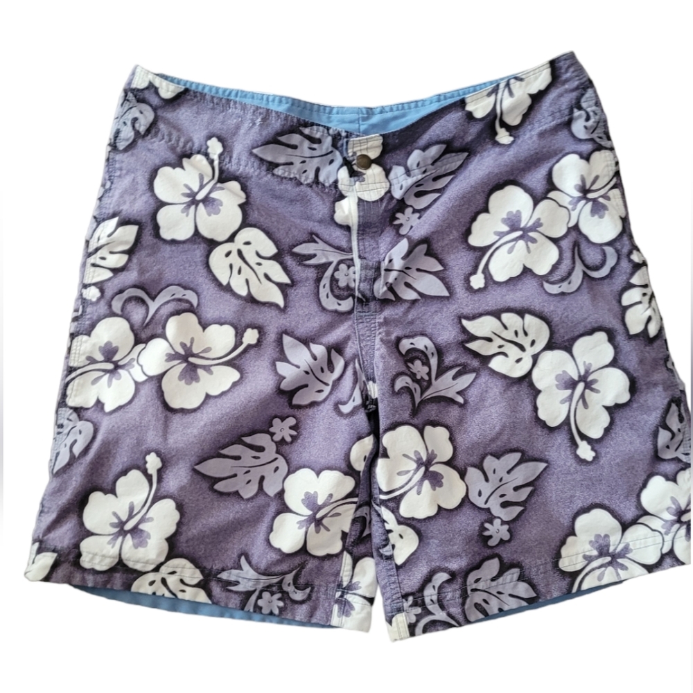 Mens tropical summer small reversible swim shorts euc blue/ tropical